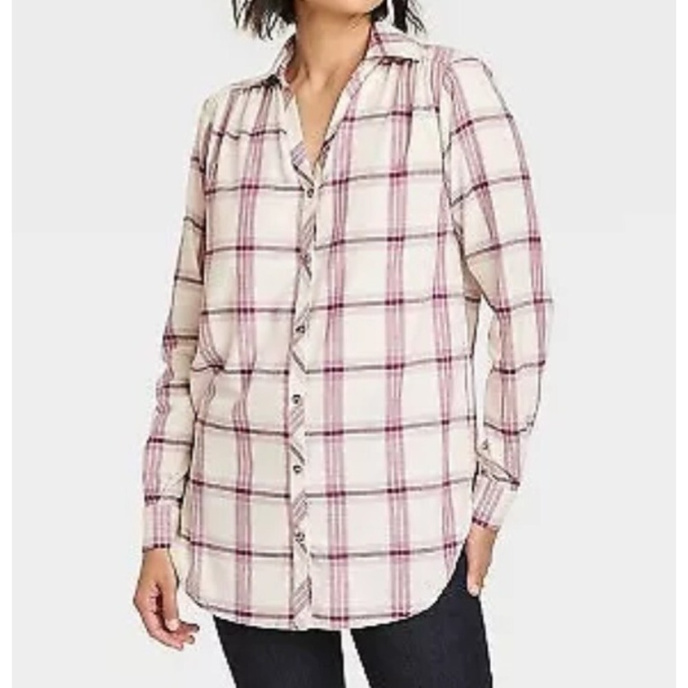 Women's Long Sleeve Button-Down Tunic Shirt - Knox Rose White sand Plaid sz XXL